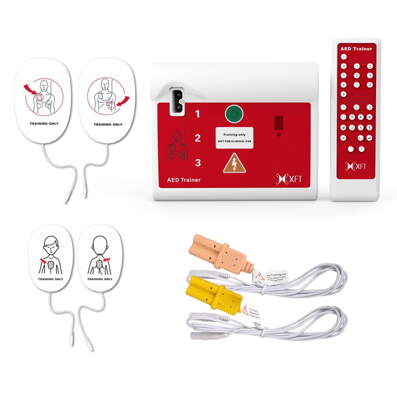 AED Trainer, Portable Defibrillator Trainer Set CPR Training Device with Remote Control, English and French Voice Prompts, 10 Different Scenarios, First Aid Defibrillator Trainee Beginner (XFT 120C)